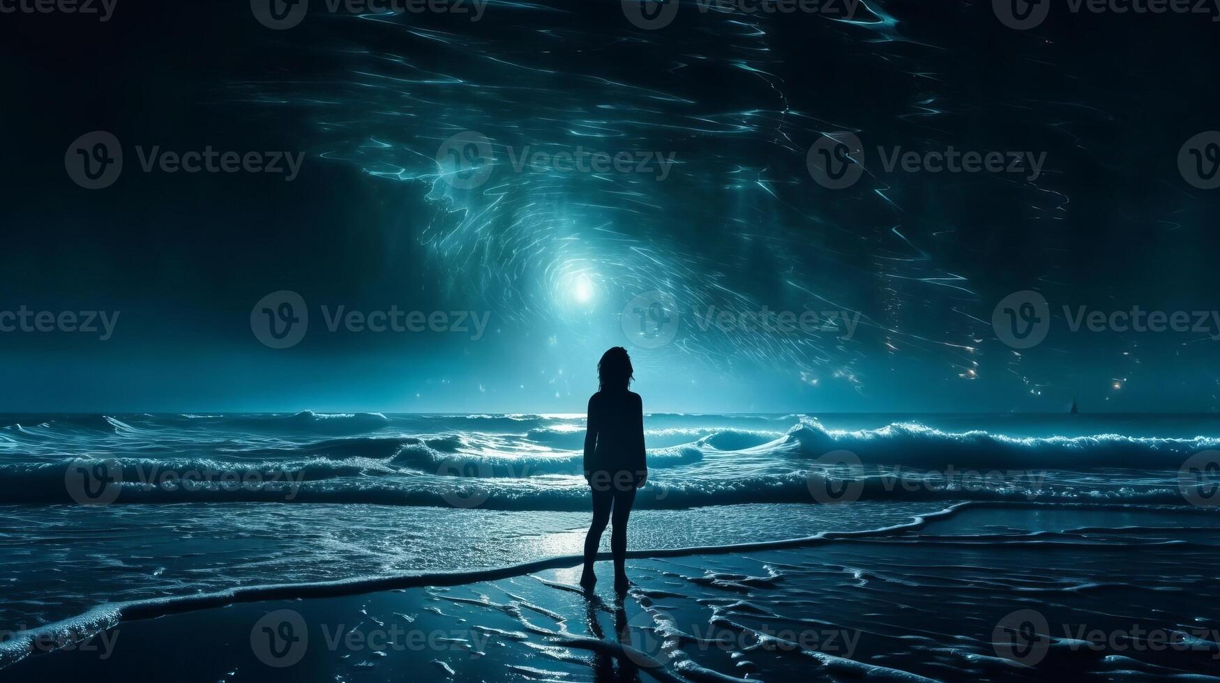 Chart of incline lady standing in sea at night and moving to cloud white shining space. Creative resource, photo