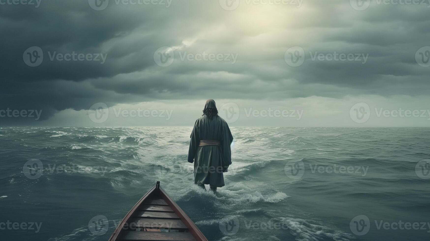 Jesus strolls on water over the ocean towards a watercraft amid a storm. Scriptural subject concept. photo