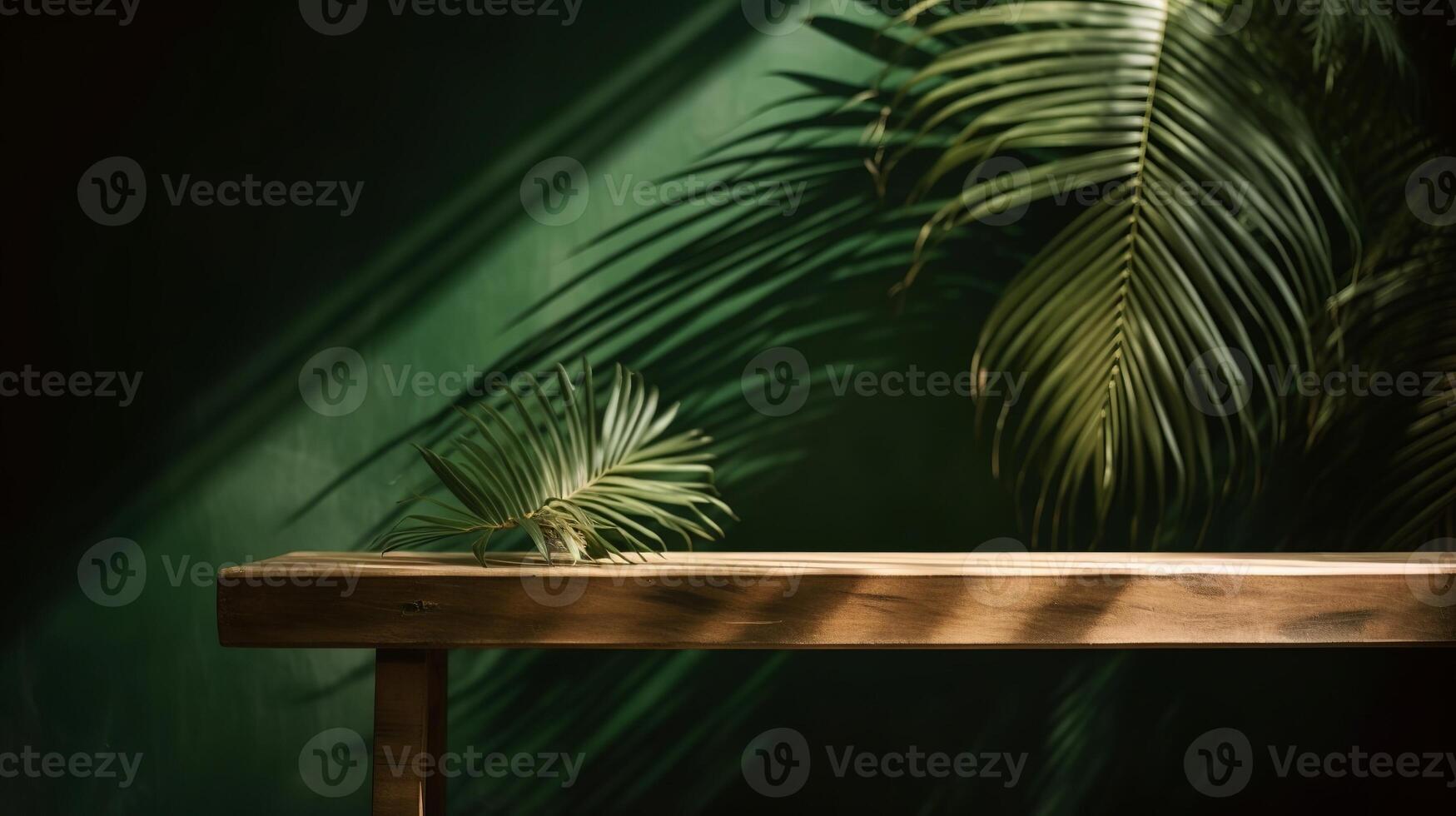 Cleanse wooden table counter with tropical palm tree in dappled sunshine. photo