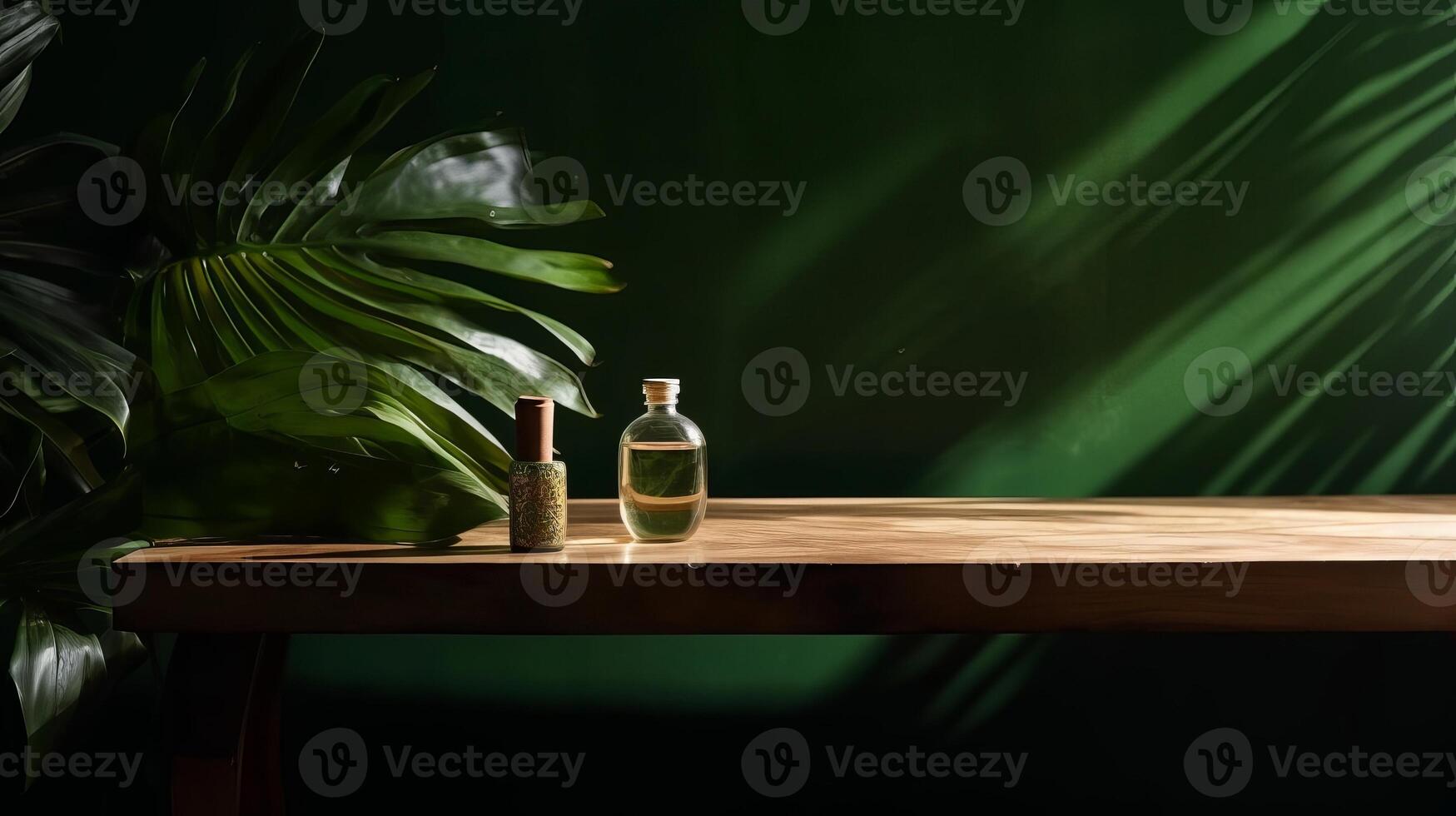 Cleanse wooden table counter with tropical palm tree in dappled daylight. photo