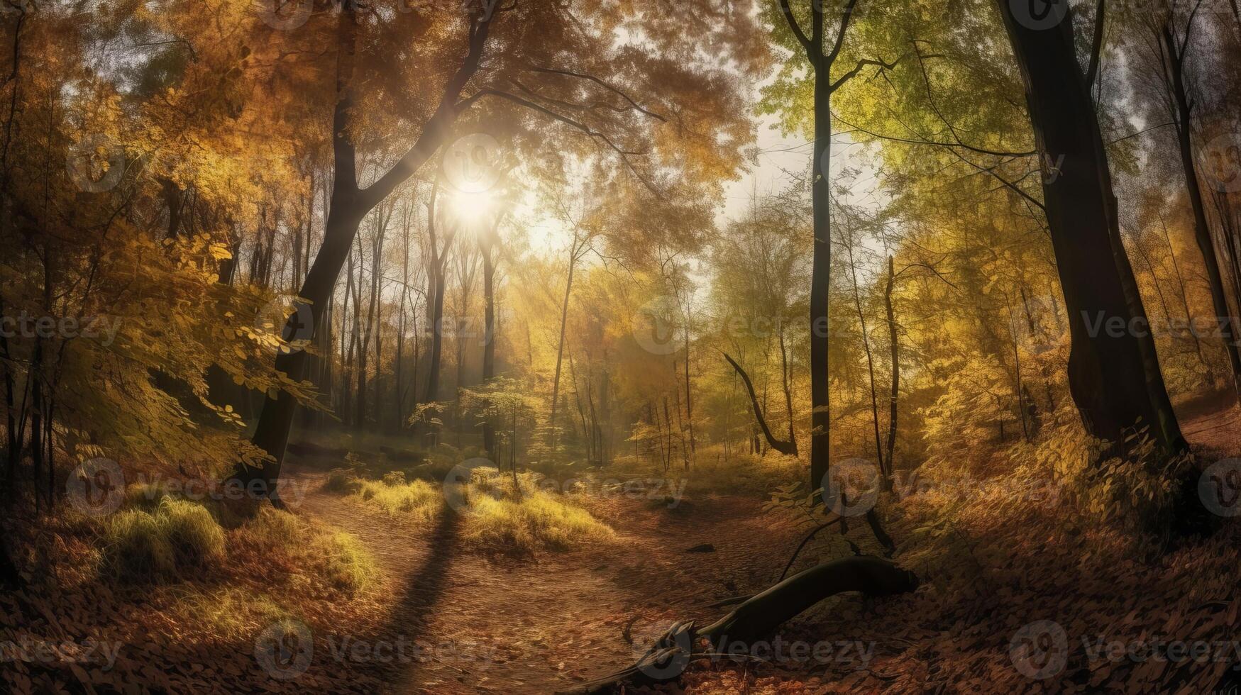 Dazzling scene of an assemble time woodland with sunrays entering through the branches. photo