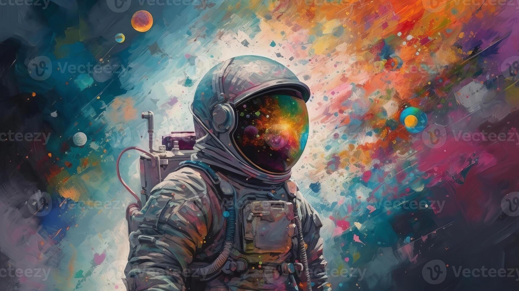 Overwhelming portray of an space pioneer in a colorful bubbles universe on a unmistakable planet. photo