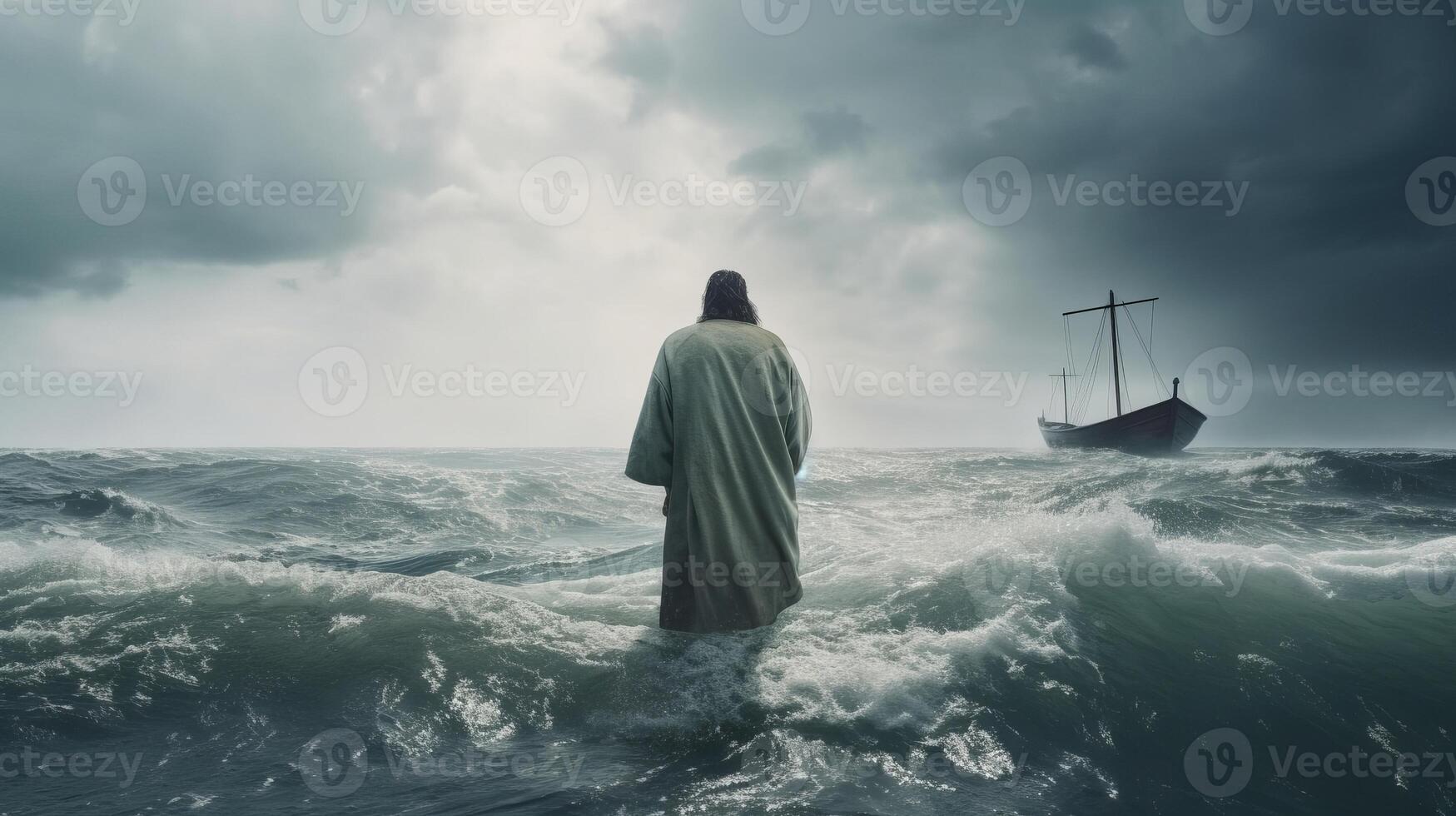 Jesus strolls on water over the ocean towards a watercraft interior the center of a storm. Scriptural subject concept. photo