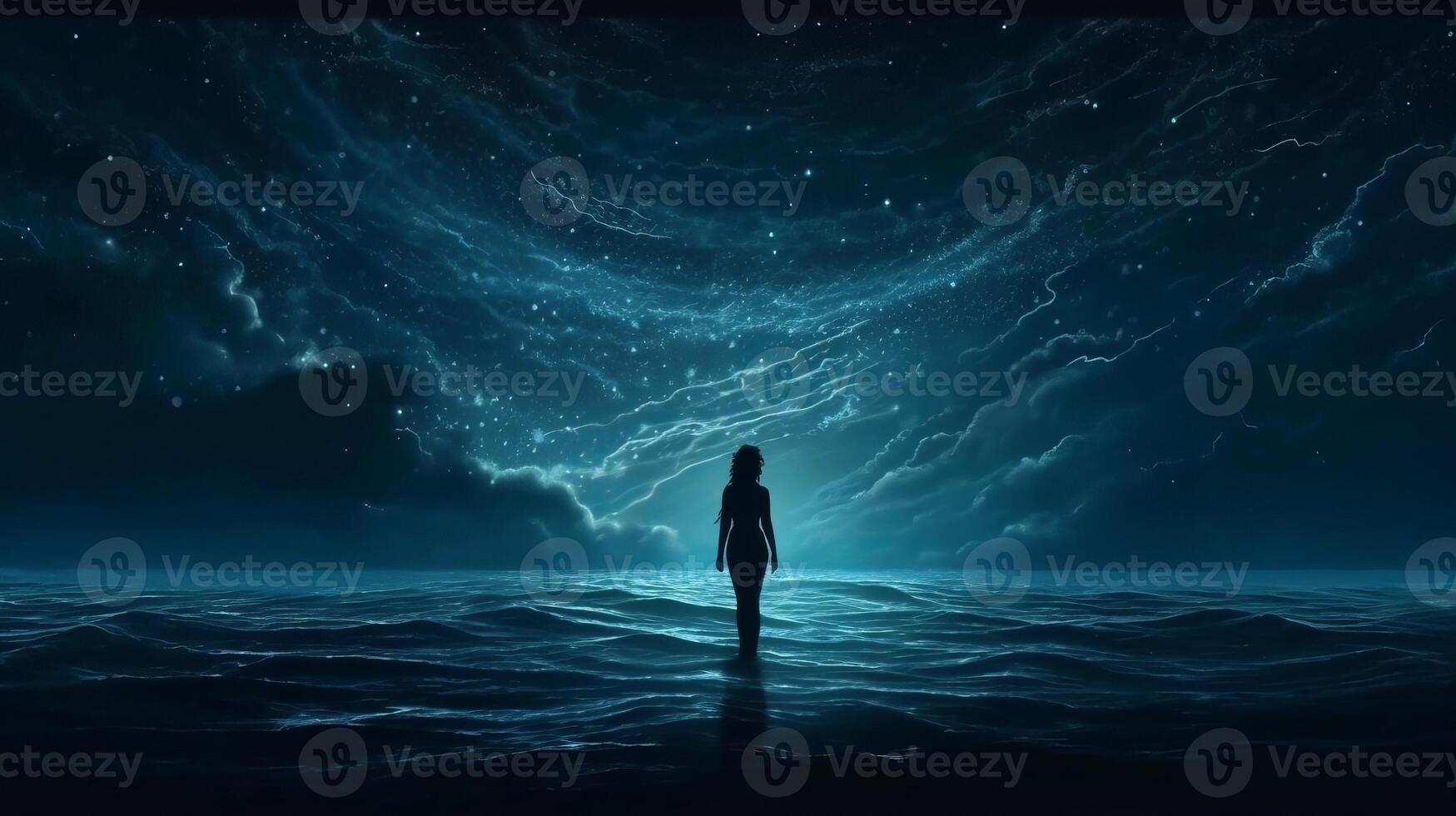 Chart of slant woman standing in ocean at night and moving to cloud white sparkling space. Creative resource, photo