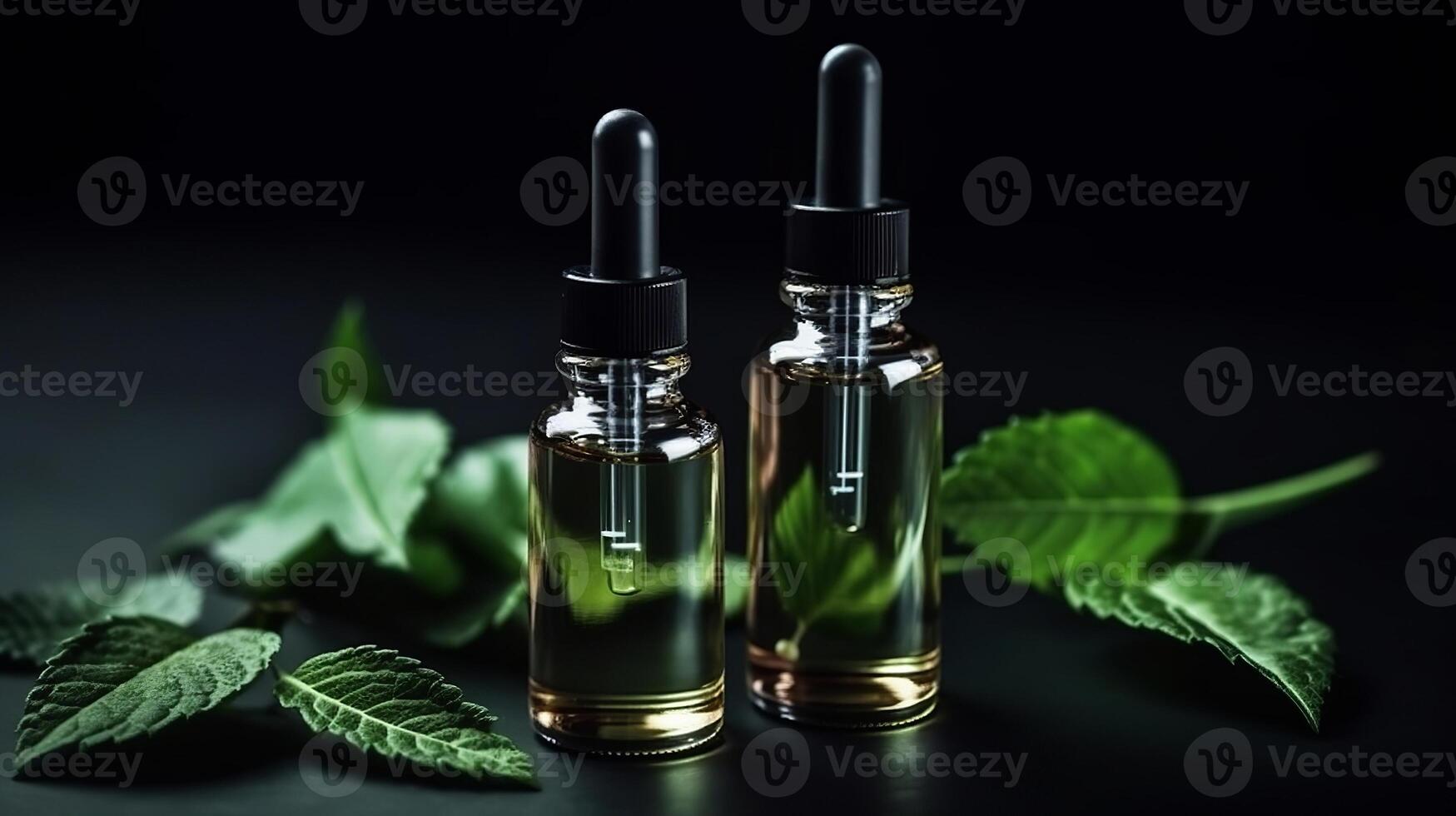 Corrective serum in a glass bottles with a pipette on a dull foundation with green takes off on a dim foundation. Creative resource, photo