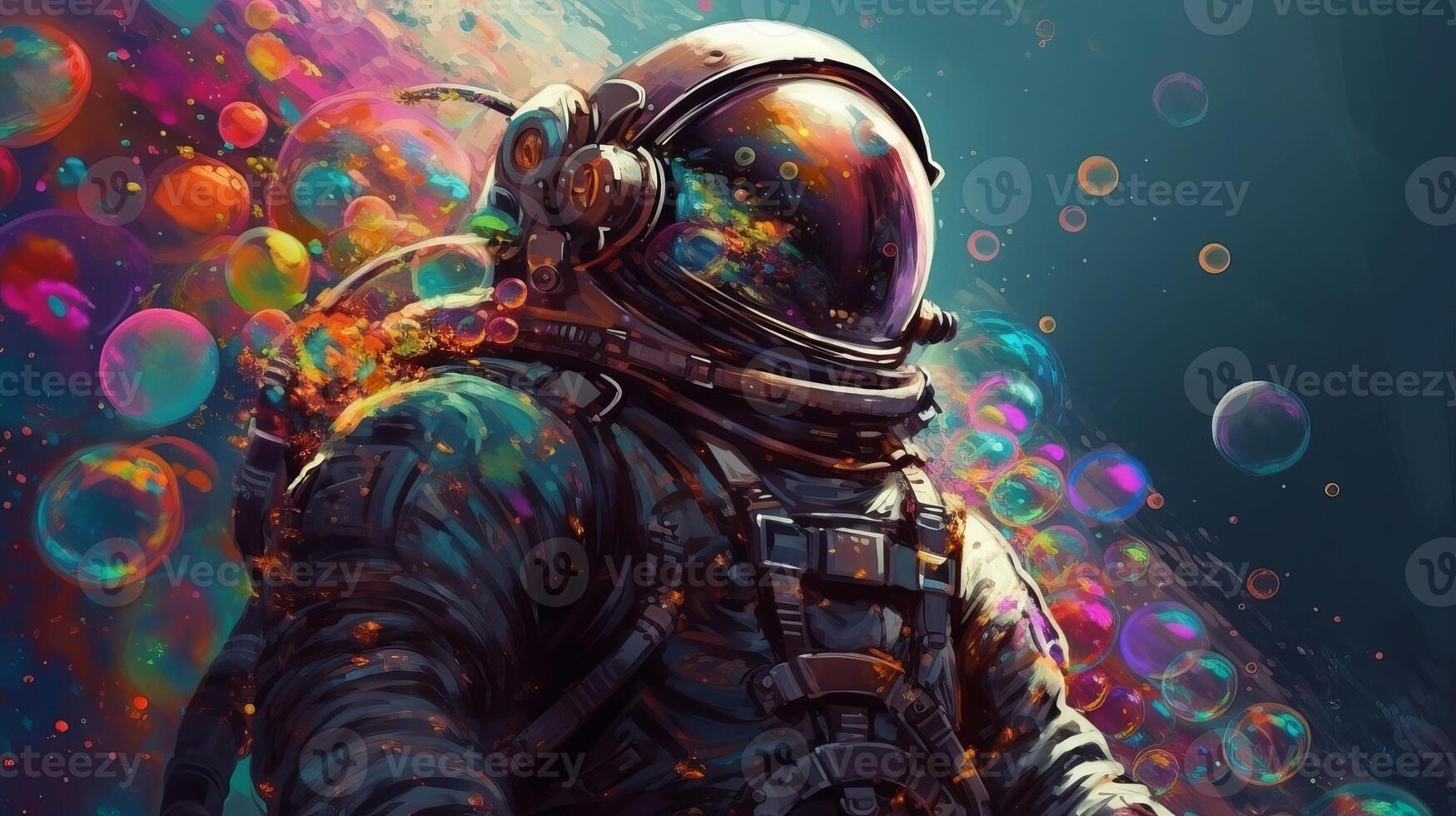 Astonishing delineate of an space pioneer in a colorful bubbles universe on a unmistakable planet. photo