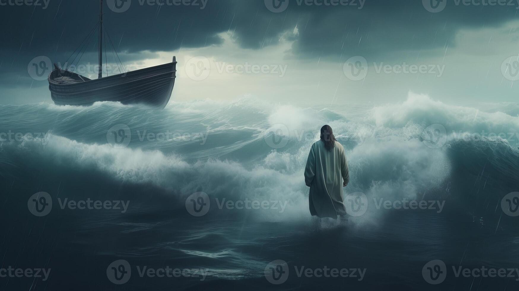 Jesus walks on water over the sea towards a watercraft inner parts the center of a storm. Scriptural subject concept. photo