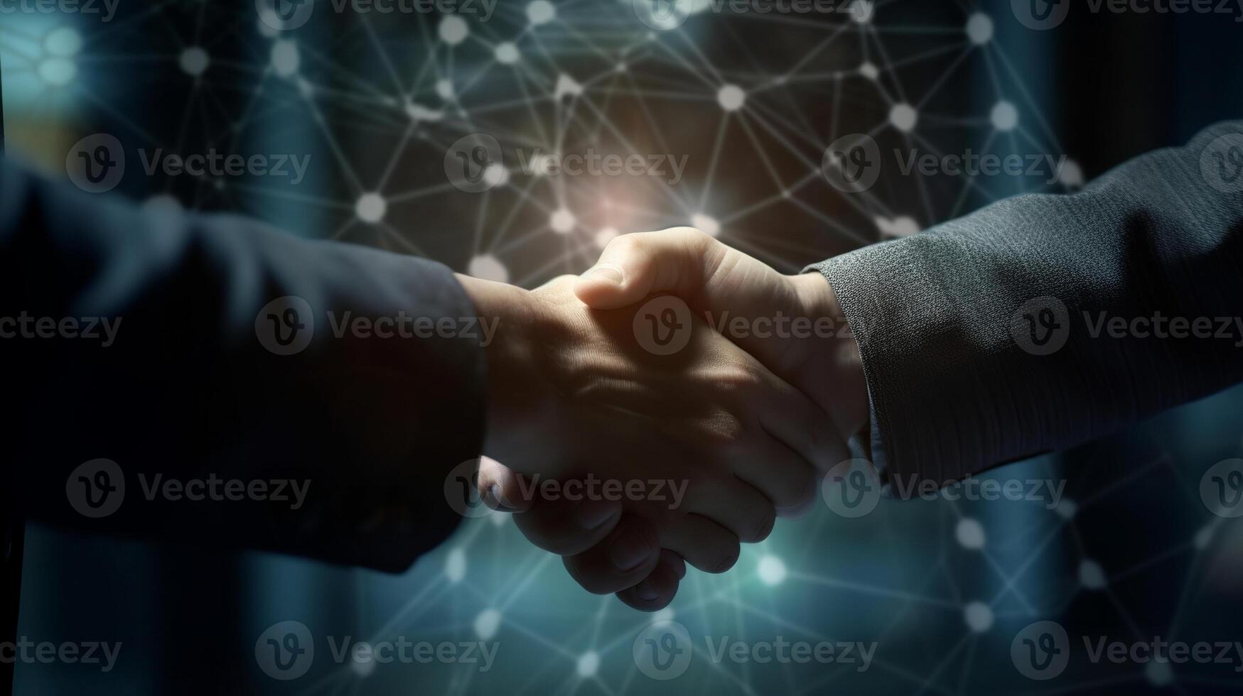 Crypto commerce handshake on back triumph and cash progress asset establishment. photo