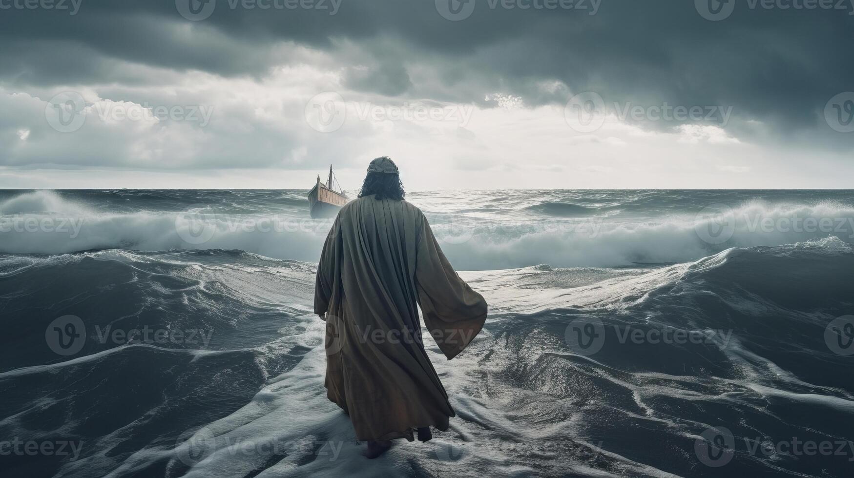 Jesus walks on water over the sea towards a watercraft insides parts the center of a storm. Scriptural subject concept. photo