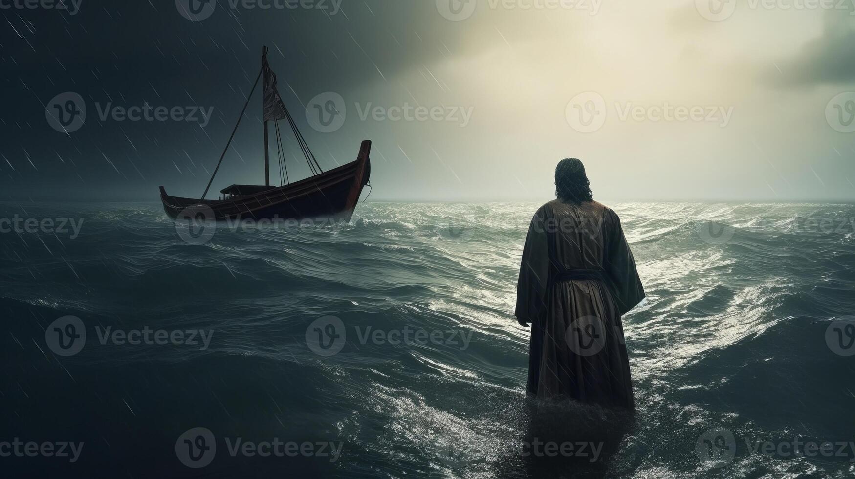 Jesus walks on water over the sea towards a watercraft inside parts the center of a storm. Scriptural subject concept. photo