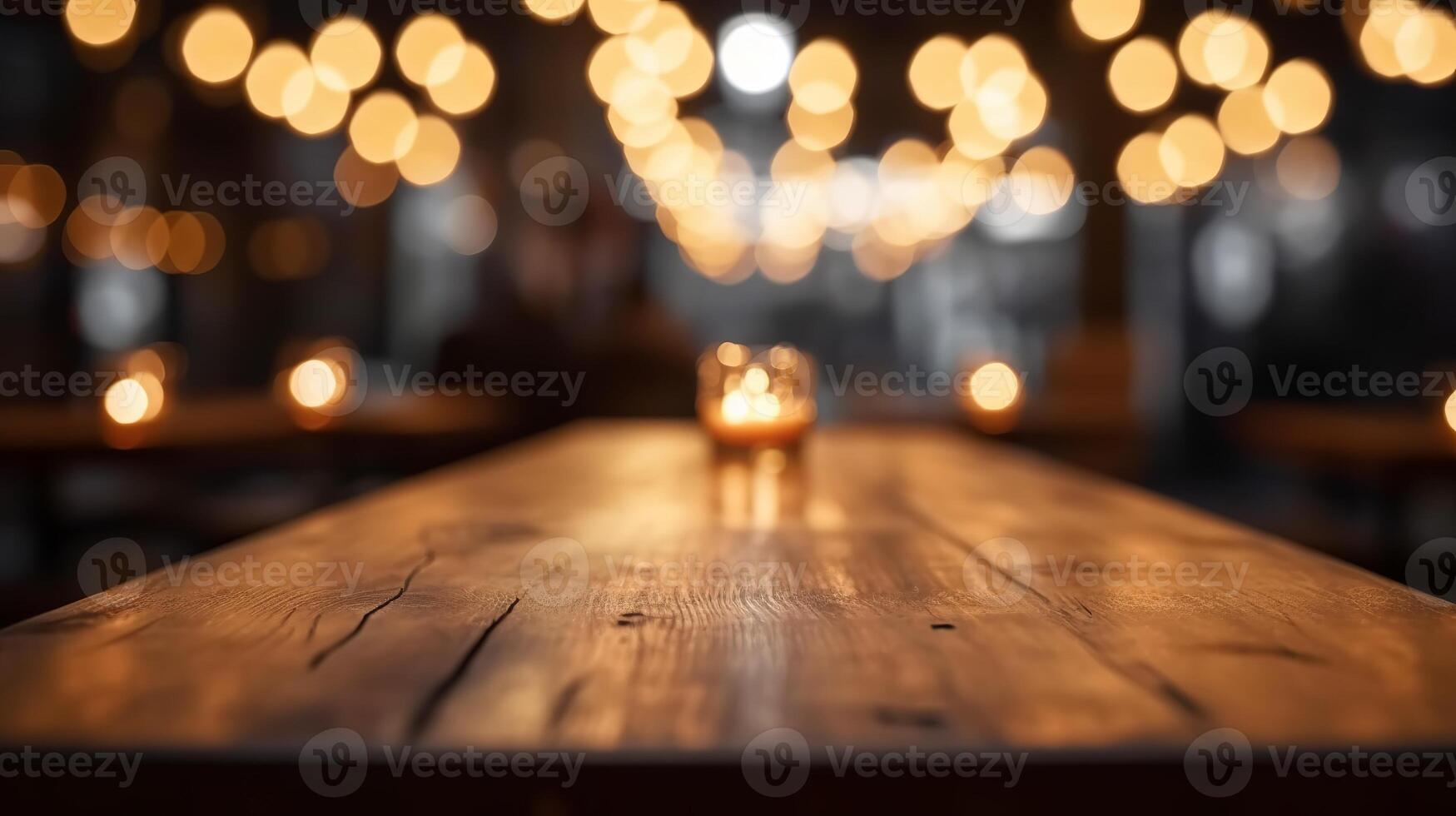 Cleanse wooden table beat with lights bokeh on cloud eatery foundation. Creative resource, photo