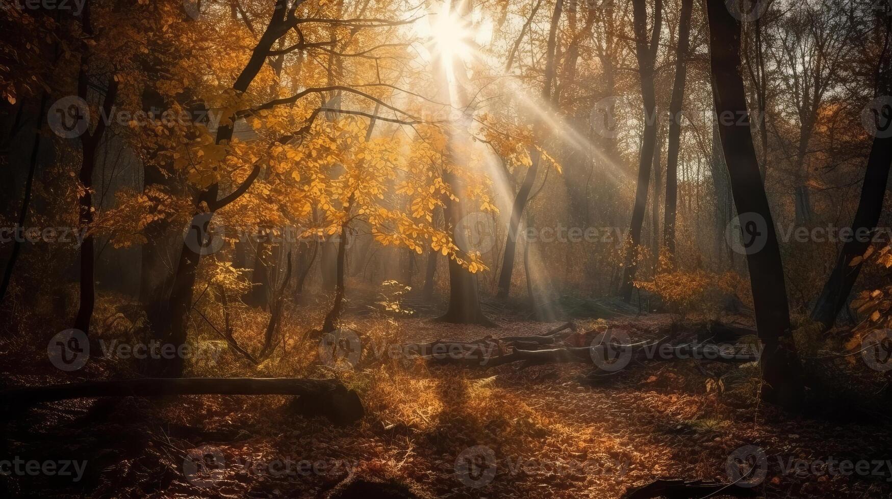 Disorienting scene of an amass time forest with sunrays entering through the branches. photo