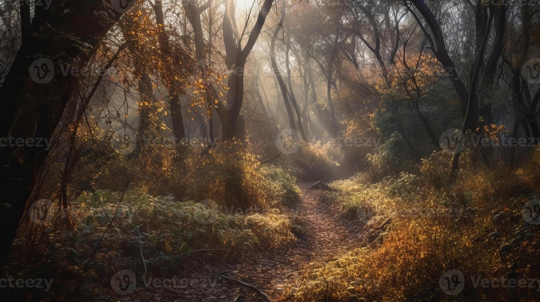 Disorienting scene of an assemble time woodland with sunrays entering through the branches. photo