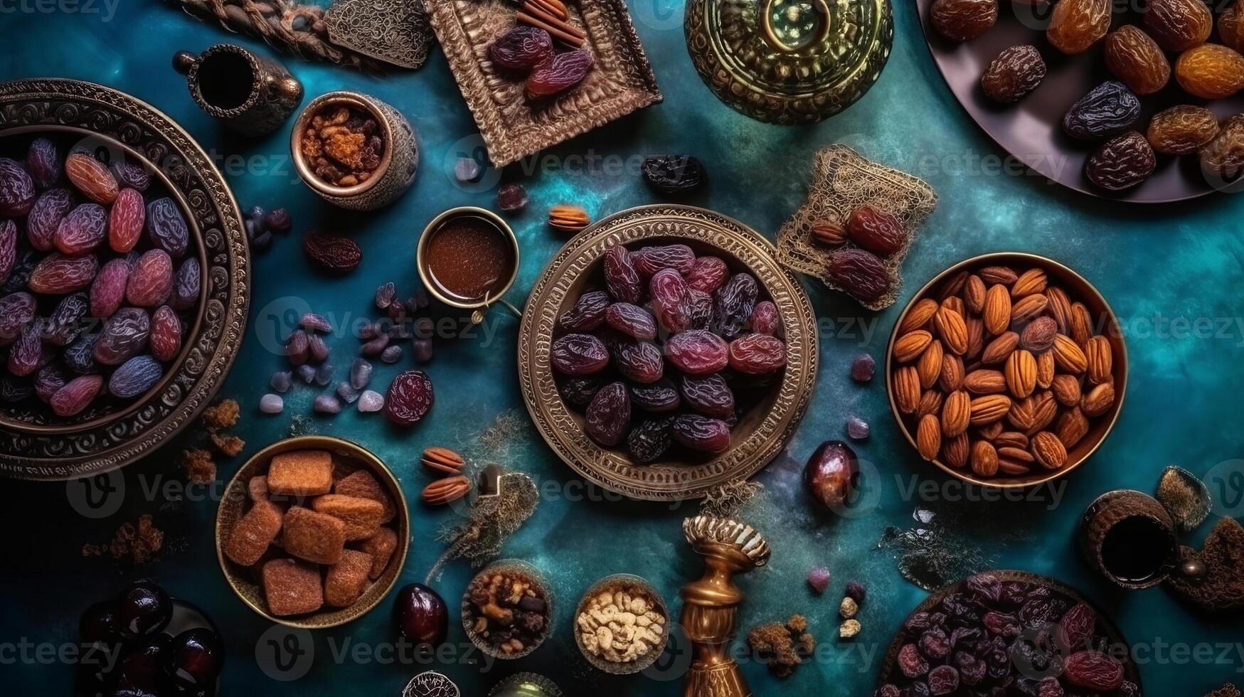 Eid al-Fitr occasion concept with sweet dried dates, natural products and enhancements on shinning foundation. Creative resource, photo