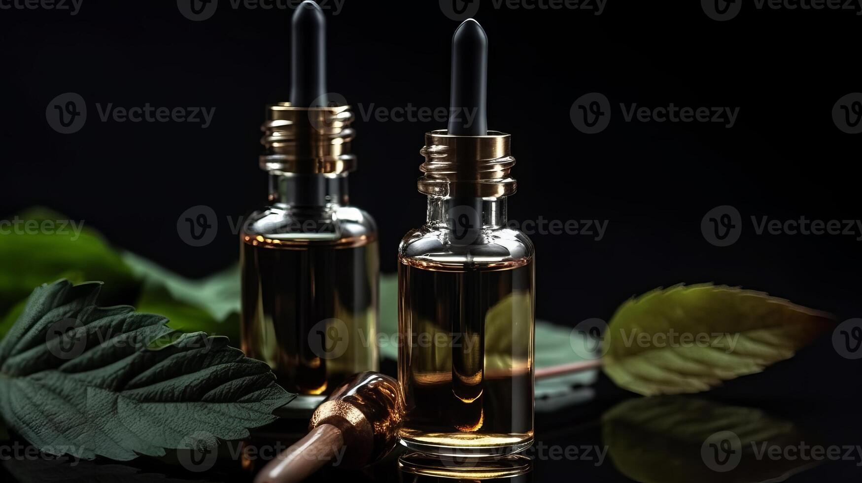Accommodating serum in a glass bottles with a pipette on a discouraging foundation with green takes off on a dim foundation. Creative resource, photo