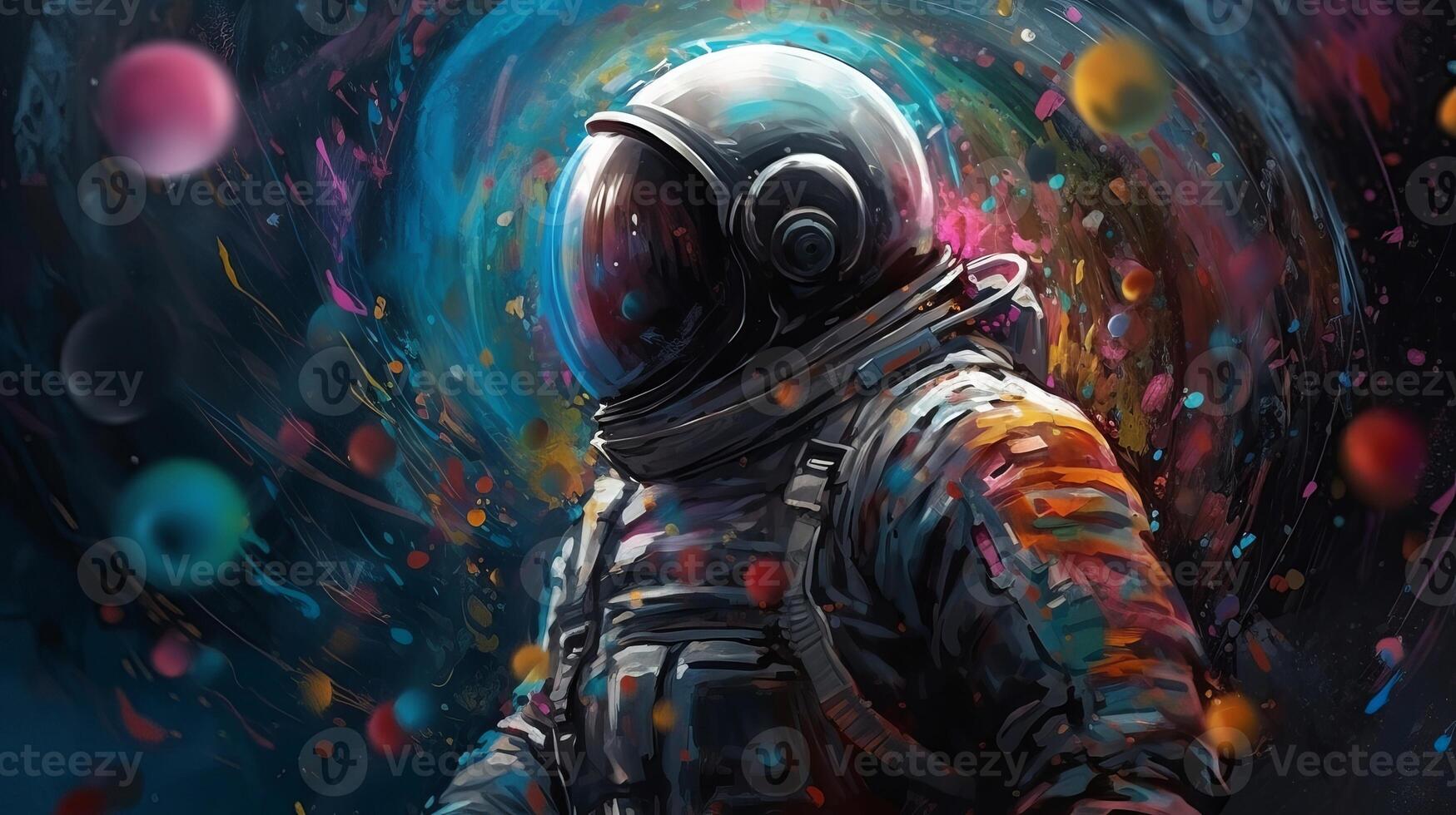 Excellent portray of an space explorer in a colorful bubbles universe on a distinctive planet. photo