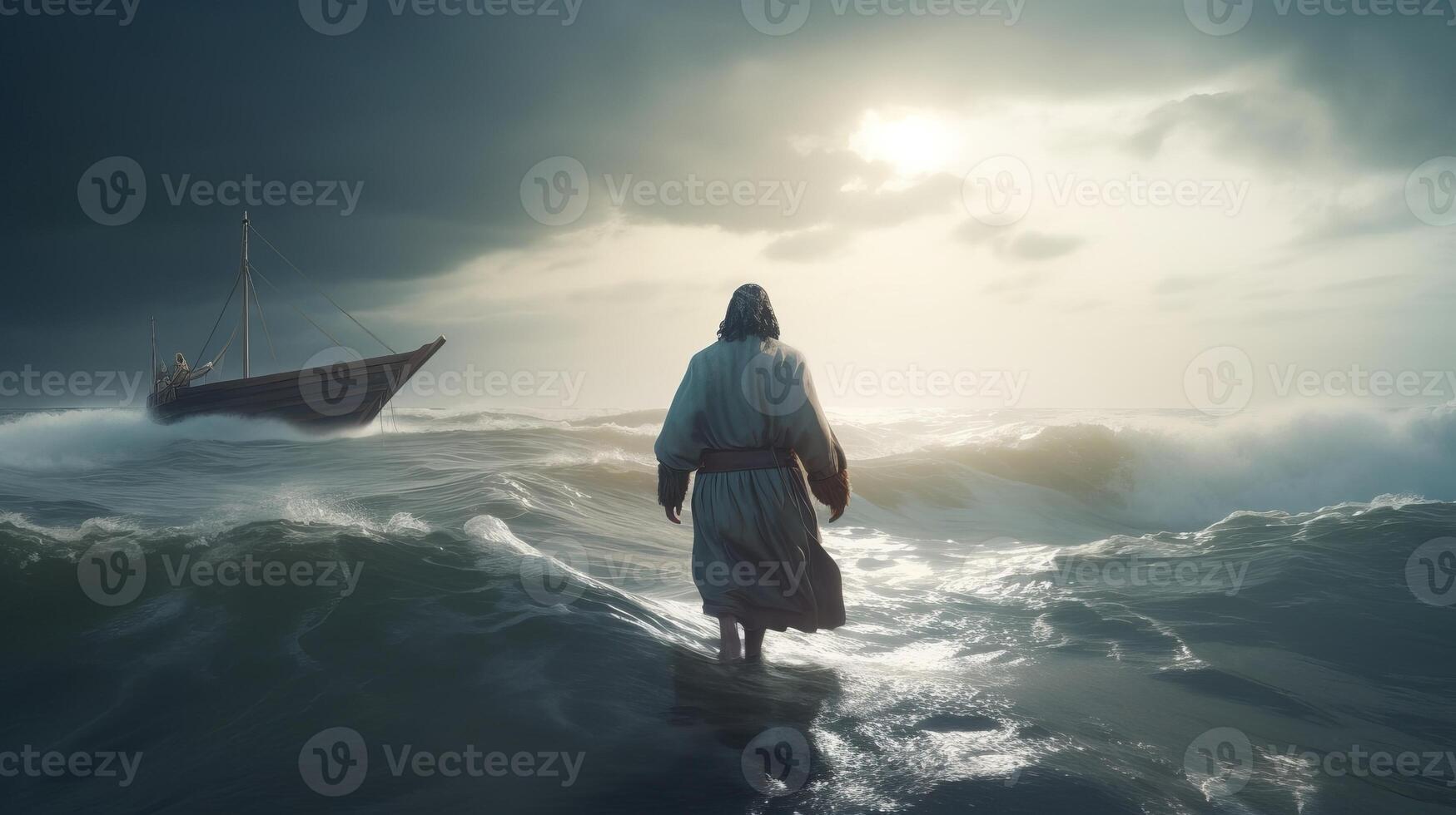 Jesus strolls on water over the ocean towards a watercraft within the middle of a storm. Scriptural subject concept. photo