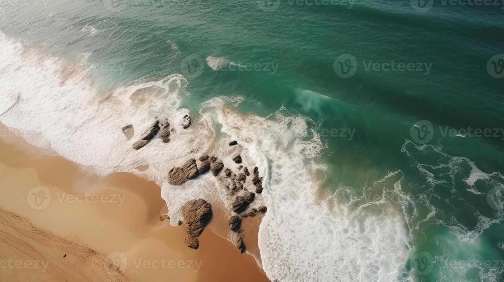 Airborne see of sandy shoreline with waves and clear sea water. photo