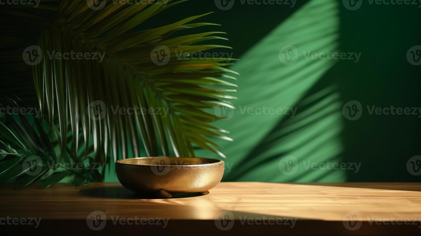 Cleanse wooden table counter with tropical palm tree in dappled daylight. photo