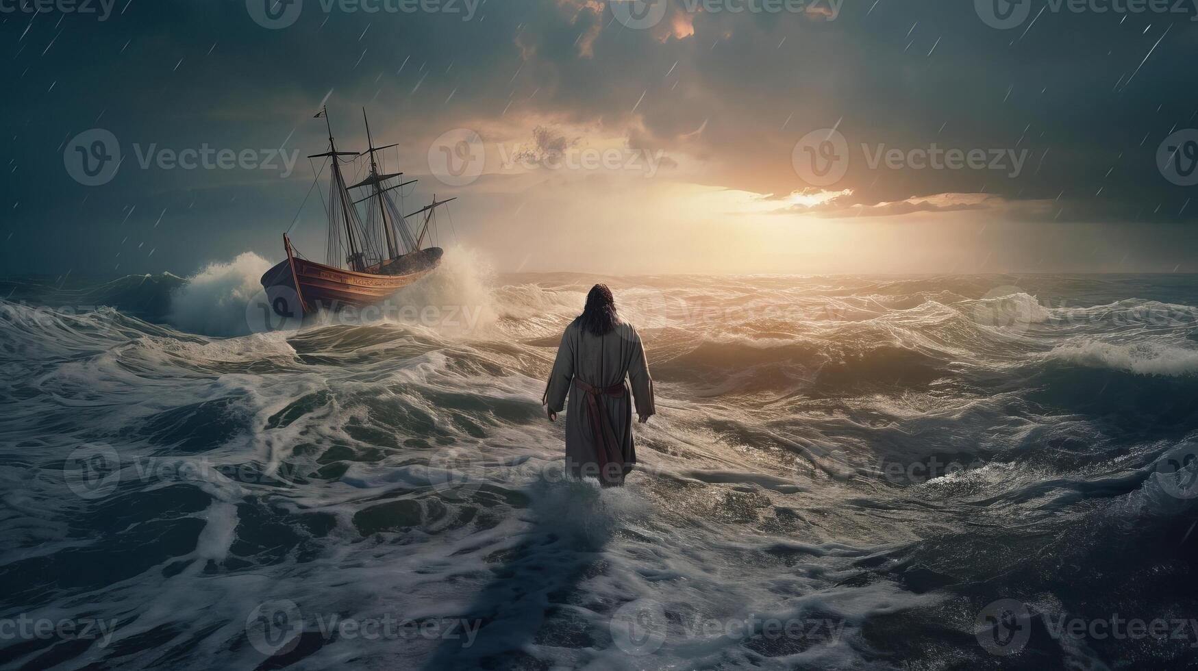 Jesus strolls on water over the ocean towards a watercraft inner parts the center of a storm. Scriptural subject concept. photo