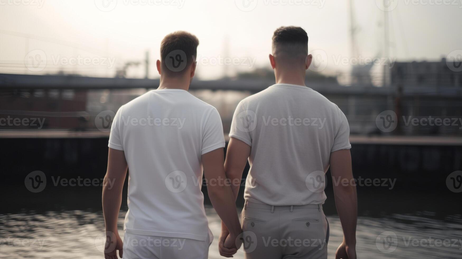 two gays hold hands, close-up on hands, clouded bokeh establishment. photo
