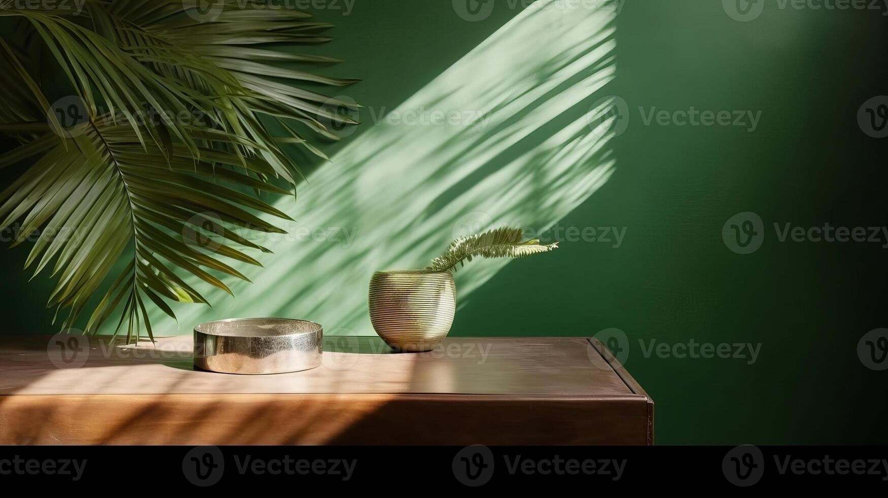 Cleanse wooden table counter with tropical palm tree in dappled daylight. photo