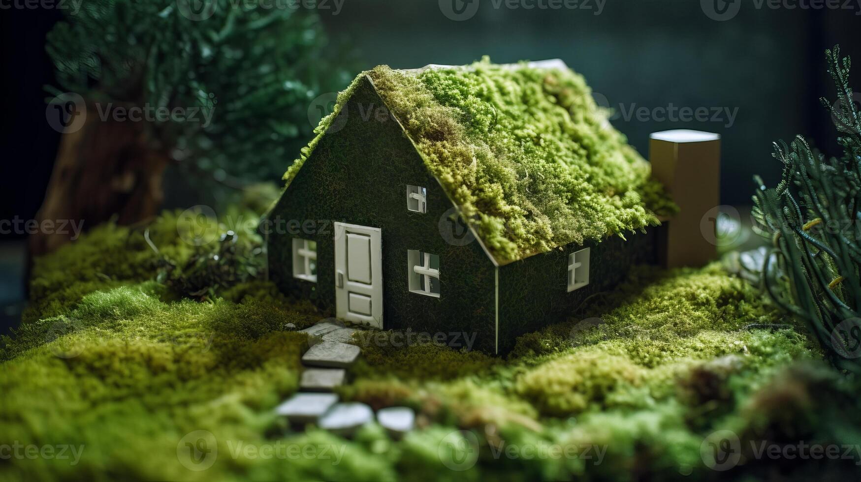 A paper private settled on a bed of greenery in a make, appearing an eco-friendly house. Creative resource, photo