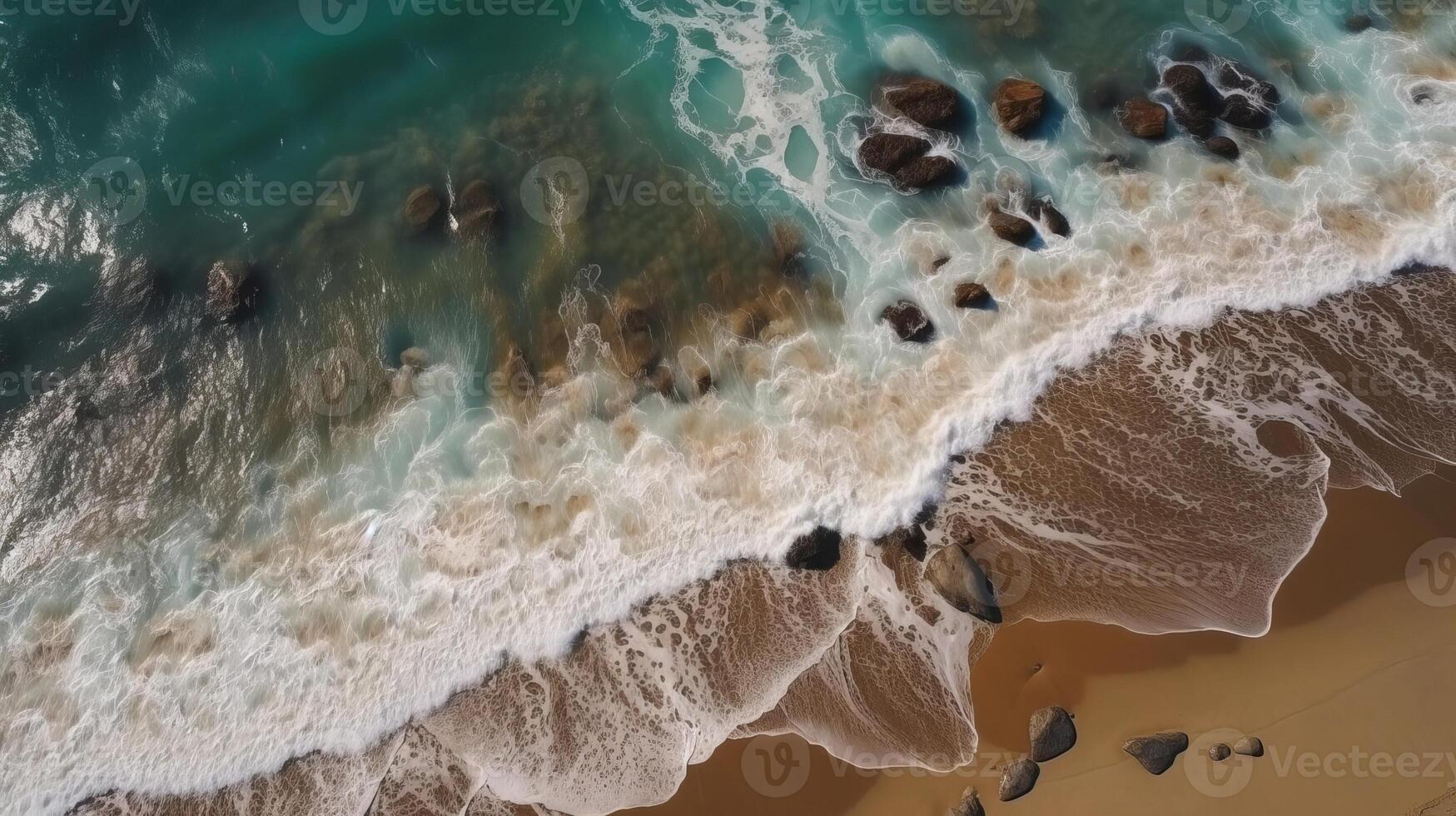 Airborne see of sandy shoreline with waves and clear sea water. photo