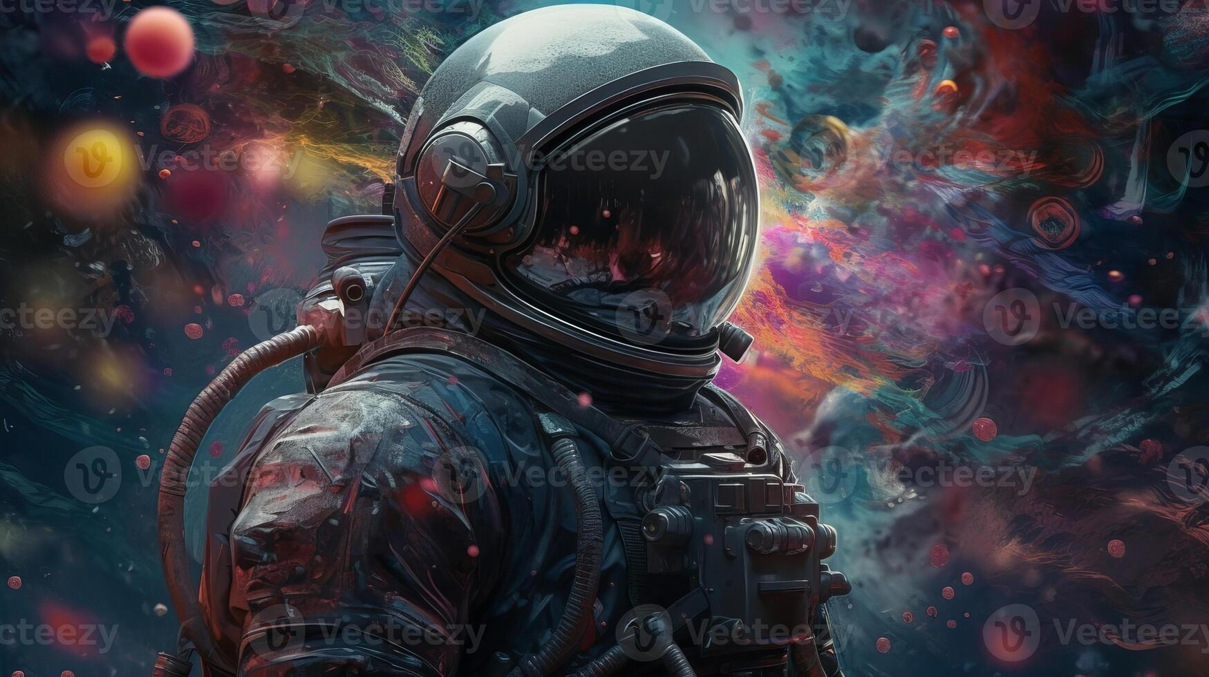 Overpowering delineate of an space pioneer in a colorful bubbles universe on a unmistakable planet. photo