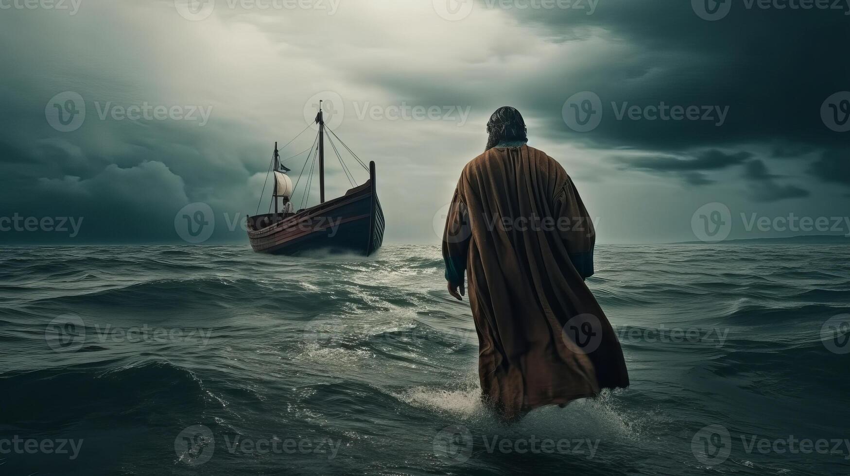 Jesus walks on water over the sea towards a watercraft insides the center of a storm. Scriptural subject concept. photo