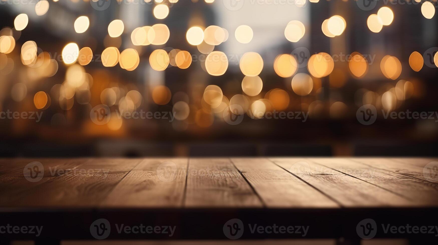 Cleanse wooden table beat with lights bokeh on cloud burger joint establishment. Creative resource, photo