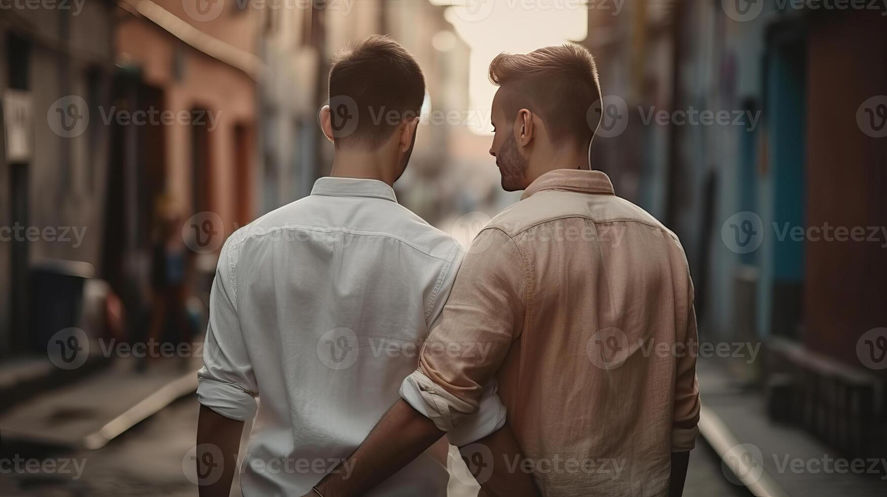 two gays hold hands, close-up on hands, darkened bokeh establishment. photo