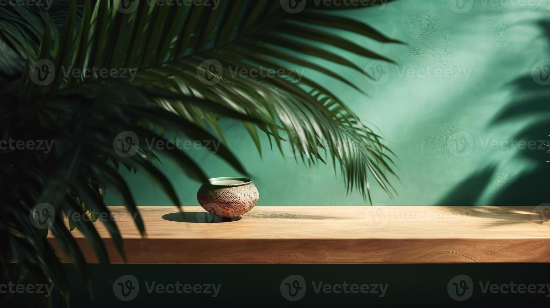 Cleanse wooden table counter with tropical palm tree in dappled daylight. photo