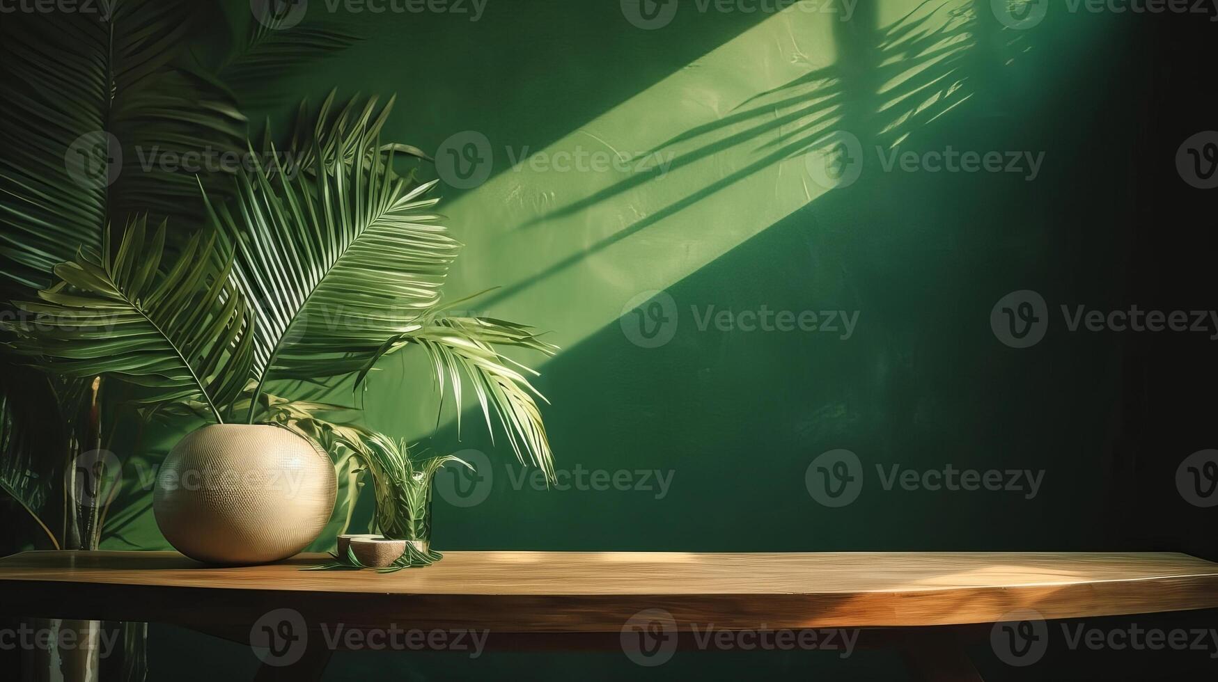 Purge wooden table counter with tropical palm tree in dappled daylight. photo