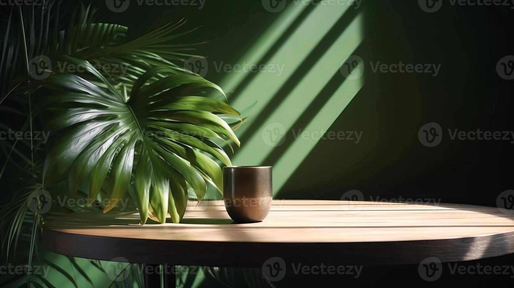Cleanse wooden table counter with tropical palm tree in dappled daylight. photo