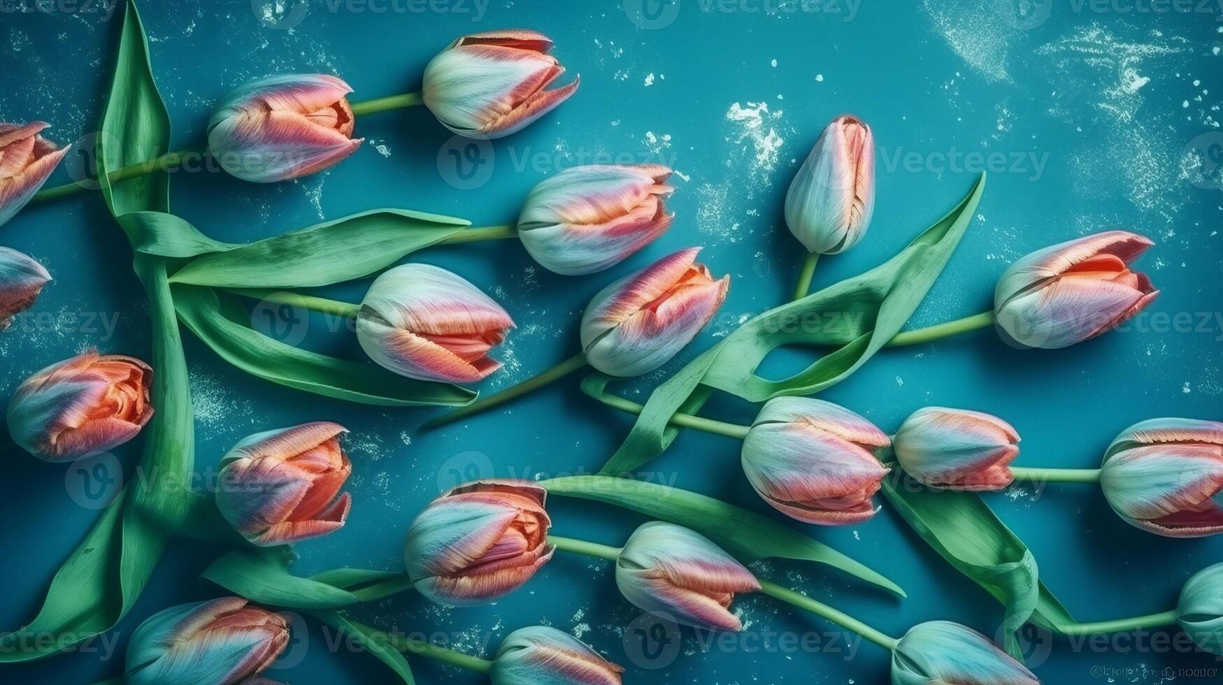 Creative organize made of spring tulip makes on blue paper foundation. Creative resource, photo