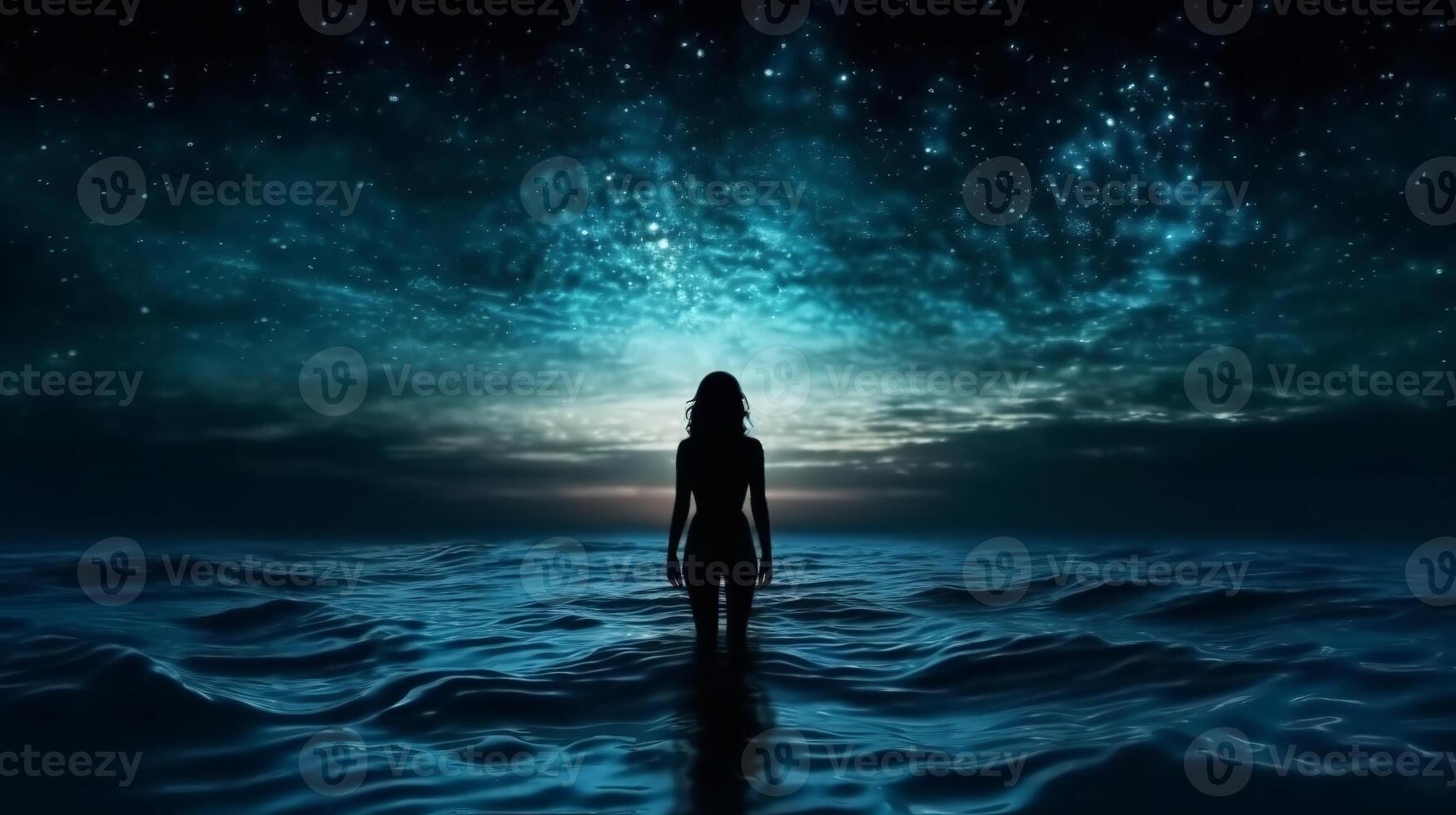 Chart of incline lady standing in sea at night and moving to cloud white shining space. Creative resource, photo