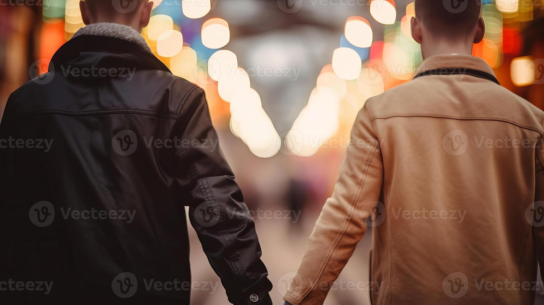 two gays hold hands, close-up on hands, clouded bokeh establishment. photo