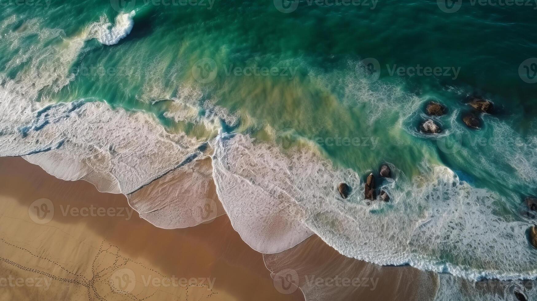 Airborne see of sandy shoreline with waves and clear ocean water. photo