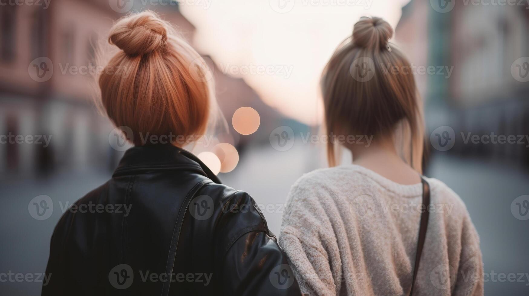 see from the back two lesbians hold hands, close-up on hands, clouded bokeh foundation. photo