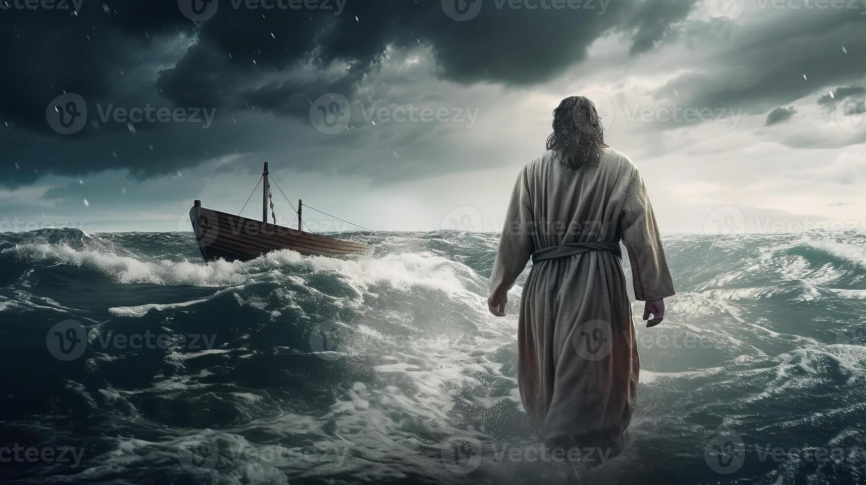Jesus strolls on water over the ocean towards a watercraft interior parts the center of a storm. Scriptural subject concept. photo