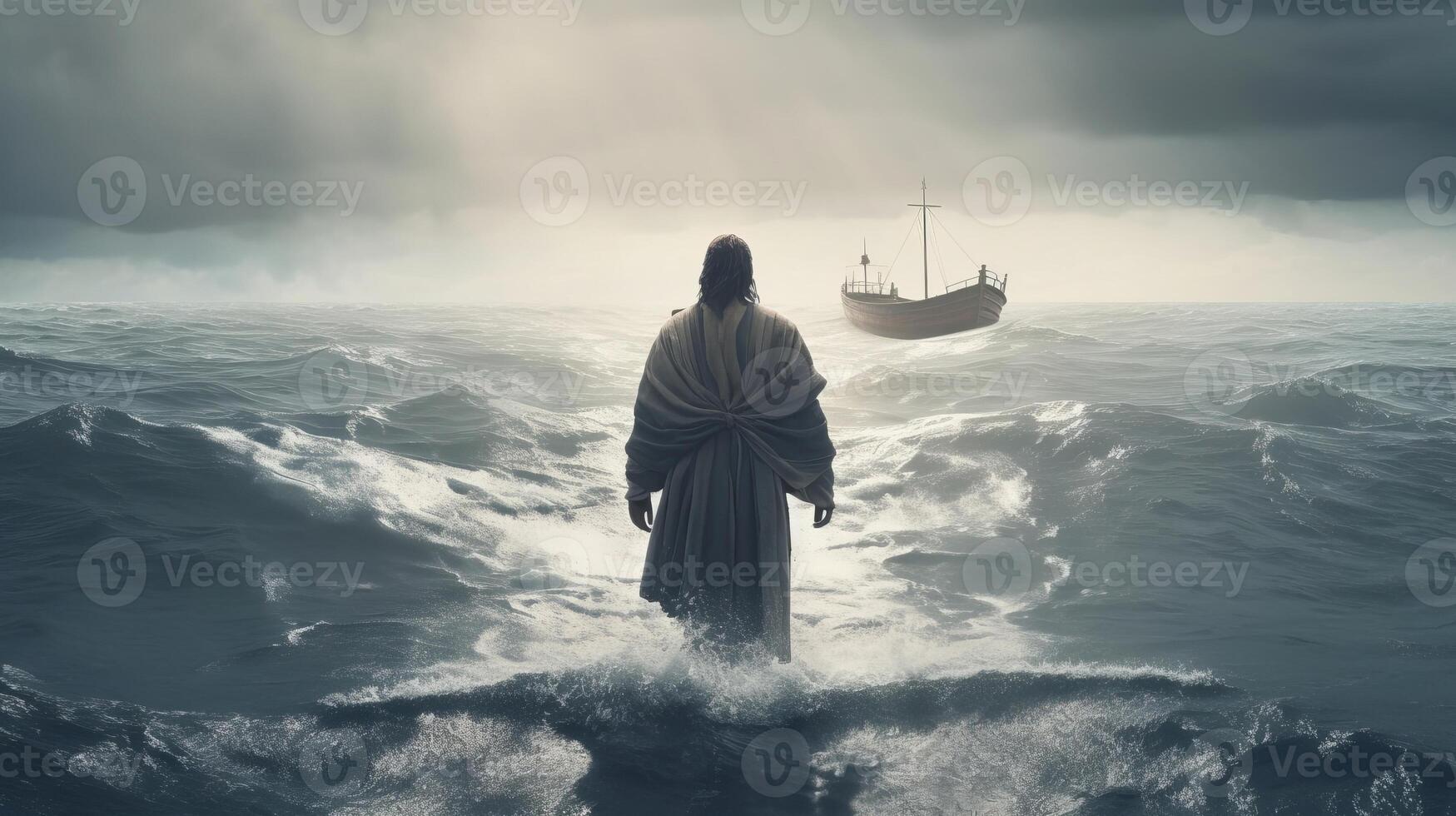 Jesus walks on water over the sea towards a watercraft inside the center of a storm. Scriptural subject concept. photo