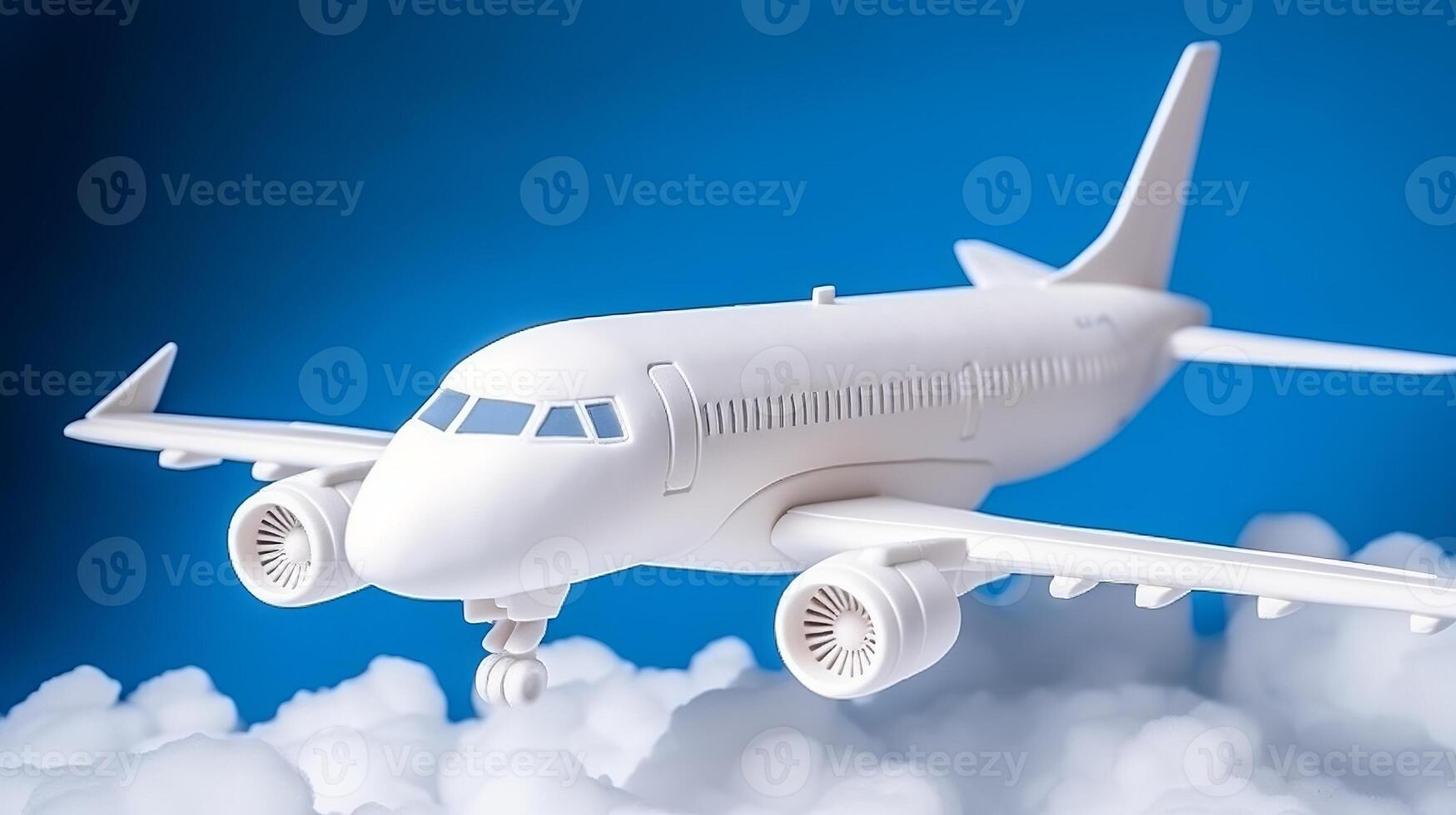 Near of white plane chart with clouds on blue foundation. Creative resource, photo