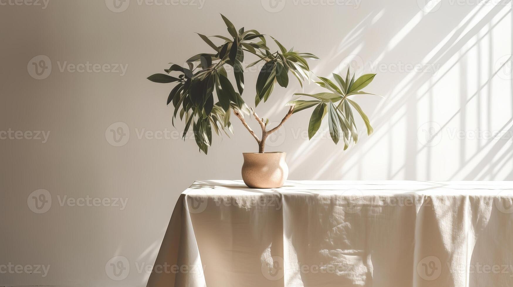 Fragile beige cotton tablecloth on counter table, tropical dracaena tree in sunshine on white divider establishment. photo