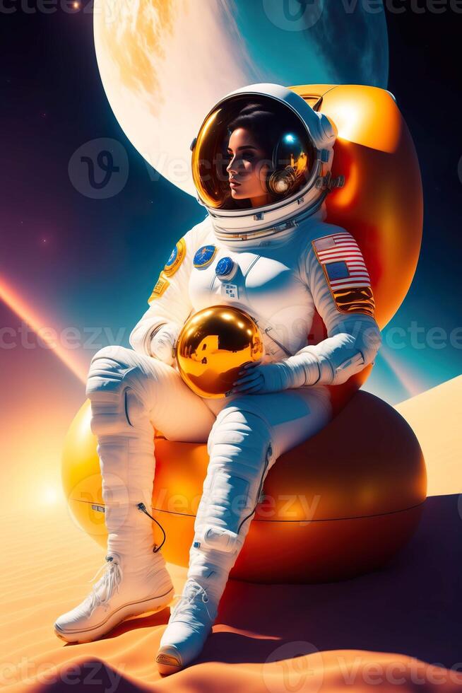 A woman in a space suit sits on a planet with a moon behind her. image. photo