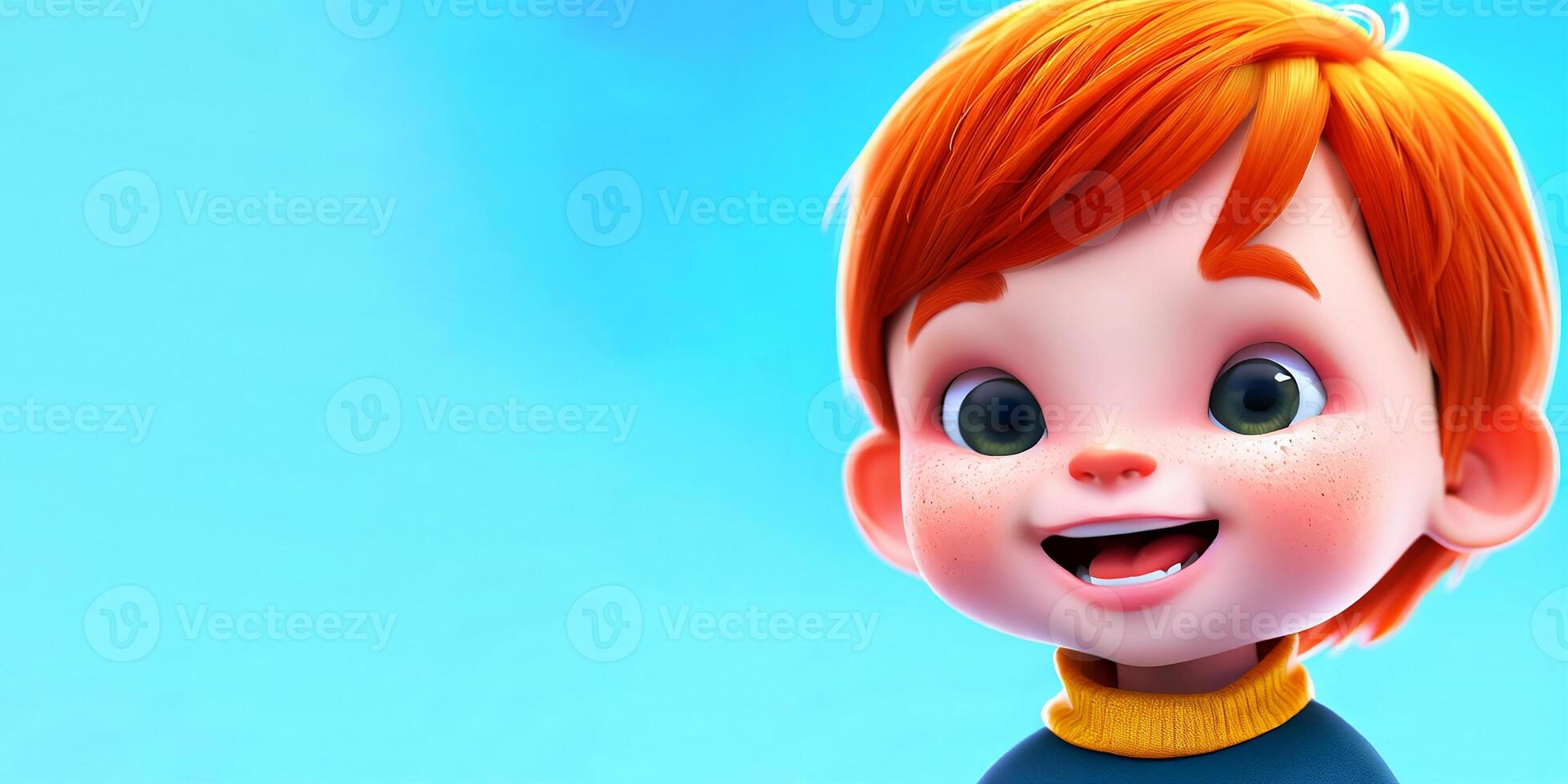 Happy cute redhead boy isolated on blue background. Children's Day banner. photo