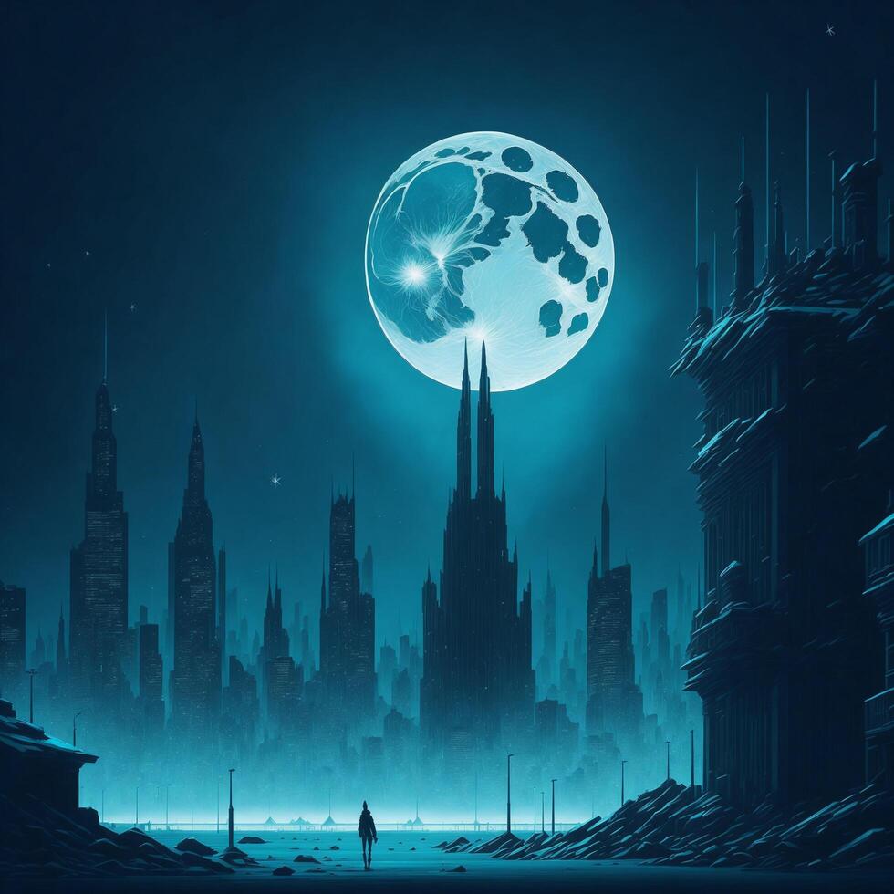 Dark Cyan Gotham City with full moon created with technology photo