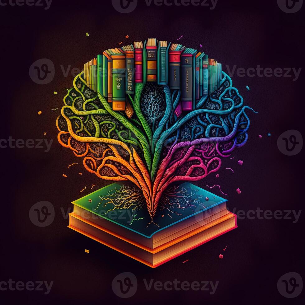 This whimsical image shows a brain with a library inside, its neurons and synapses lit up in a rainbow of joyful colors. A stack of books on a shelf indicates knowledge and learning, photo