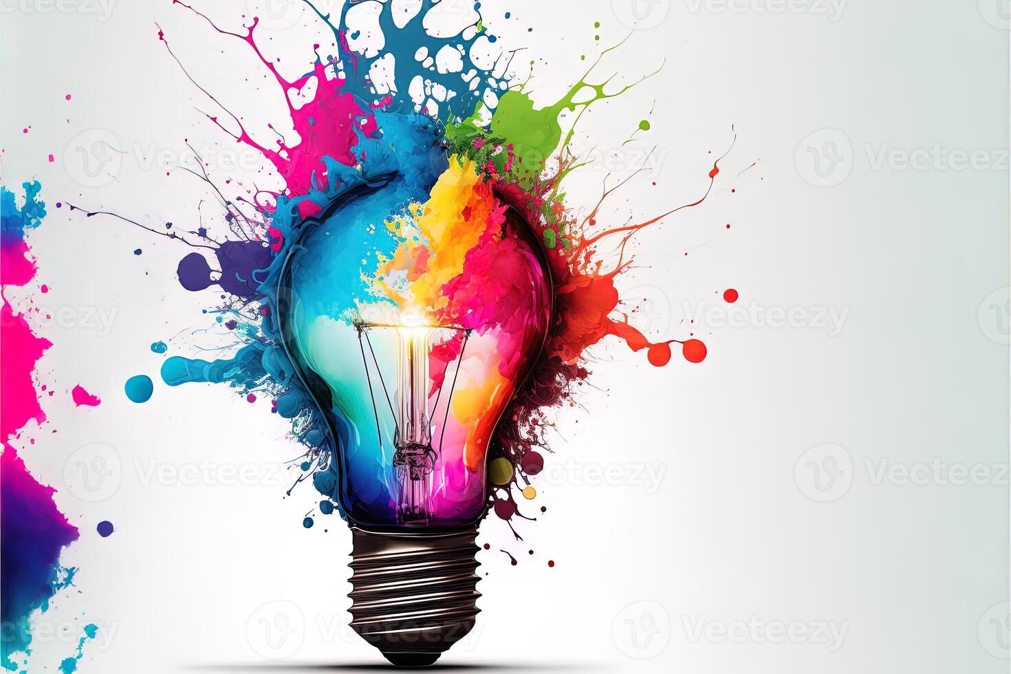 illustration of colorful bulb with splash of colors on white background. Creativity, eureka, imagination, inspiration. . Idea and solution concept photo