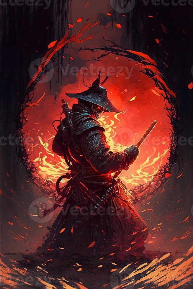 A samurai in a demonic red mask on the battlefield makes a swing with a katana creating a sizzling fire ring around, he is a mystical martial. illustration painting photo